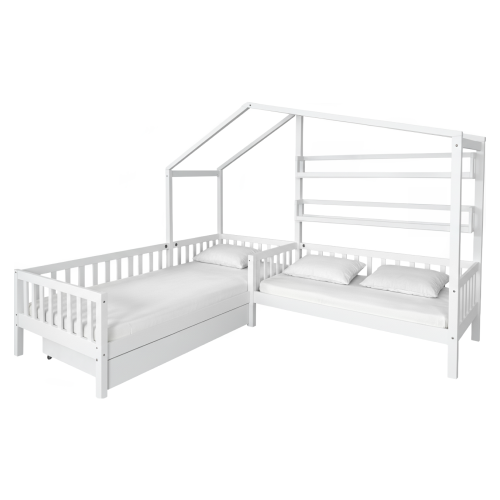 Posteľ s roštom pre 2 deti, 90x200+70x140 cm, biela, ENOLA