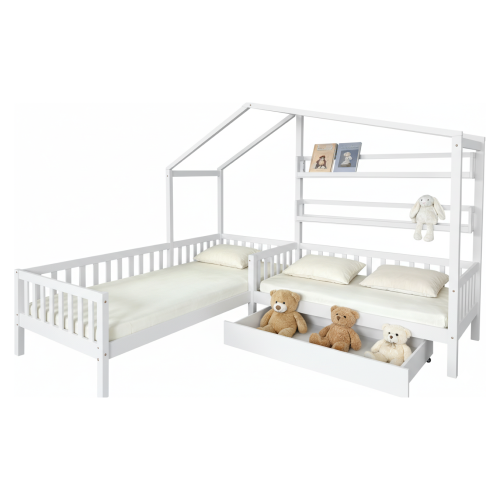 Posteľ s roštom pre 2 deti, 90x200+70x140 cm, biela, ENOLA