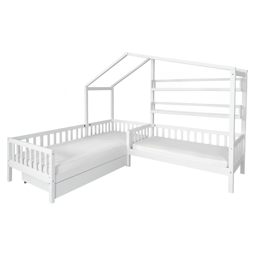 Posteľ s roštom pre 2 deti, 90x200+70x140 cm, biela, ENOLA