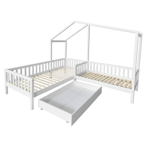 Posteľ s roštom pre 2 deti, 90x200+70x140 cm, biela, ENOLA