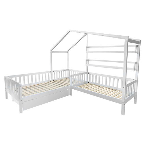 Posteľ s roštom pre 2 deti, 90x200+70x140 cm, biela, ENOLA