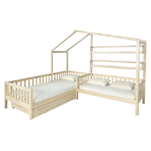 Posteľ s roštom pre 2 deti, 90x200+70x140 cm, prírodná, ENOLA
