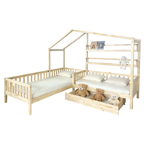 Posteľ s roštom pre 2 deti, 90x200+70x140 cm, prírodná, ENOLA