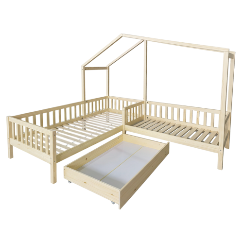 Posteľ s roštom pre 2 deti, 90x200+70x140 cm, prírodná, ENOLA