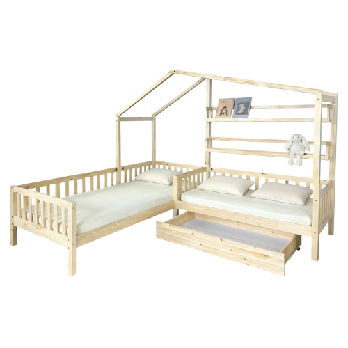 Posteľ s roštom pre 2 deti, 90x200+70x140 cm, prírodná, ENOLA
