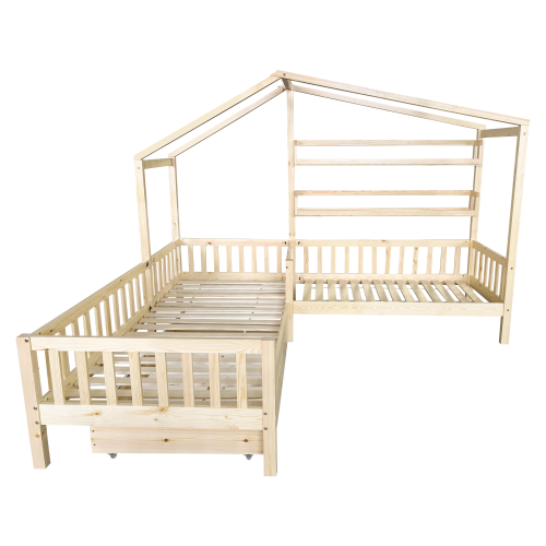 Posteľ s roštom pre 2 deti, 90x200+70x140 cm, prírodná, ENOLA