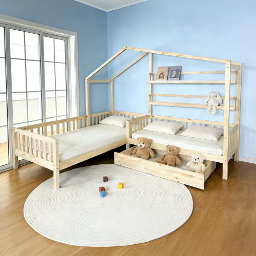 Posteľ s roštom pre 2 deti, 90x200+70x140 cm, prírodná, ENOLA