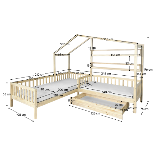 Posteľ s roštom pre 2 deti, 90x200+70x140 cm, prírodná, ENOLA