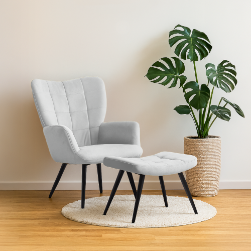 Kreslo s podnožou, svetlosivá Velvet látka/čierna, HABEN