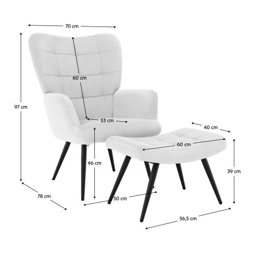 Kreslo s podnožou, svetlosivá Velvet látka/čierna, HABEN