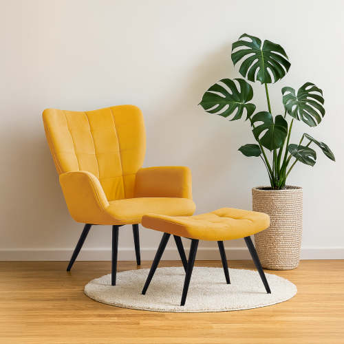Kreslo s podnožou, žltá Velvet látka/čierna, HABEN