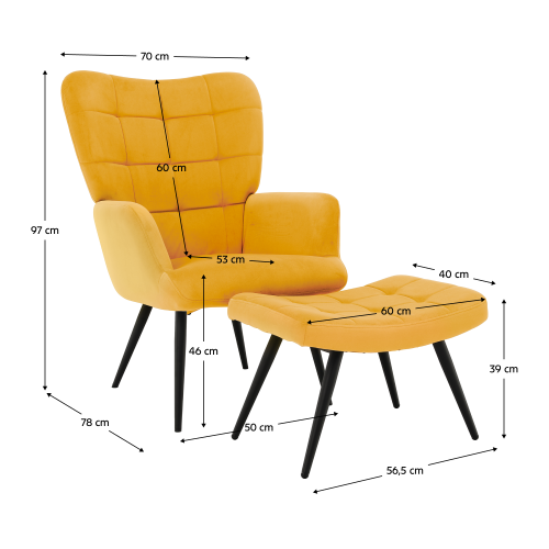 Kreslo s podnožou, žltá Velvet látka/čierna, HABEN