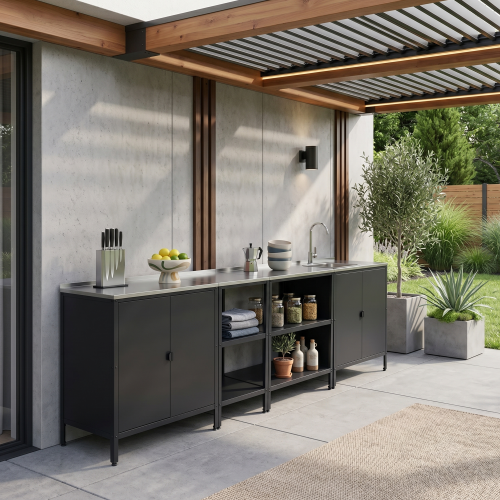 Záhradná kuchynská skrinka, oceľ, čierna, INES TYP 3