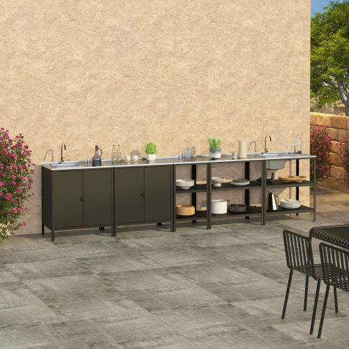 Záhradná kuchynská skrinka s drezom, oceľ, čierna, INES TYP 5