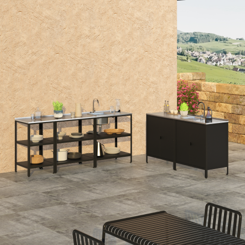 Záhradná kuchynská skrinka s drezom, oceľ, čierna, INES TYP 5