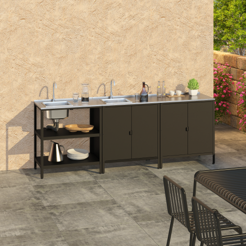 Záhradná kuchynská skrinka s drezom, oceľ, čierna, INES TYP 5