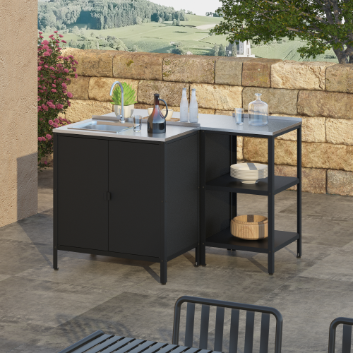 Záhradná kuchynská skrinka s drezom, oceľ, čierna, INES TYP 5