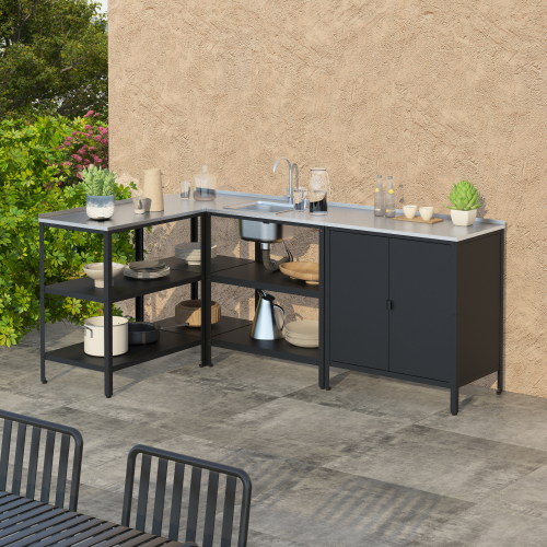 Záhradná kuchynská skrinka s drezom, oceľ, čierna, INES TYP 5