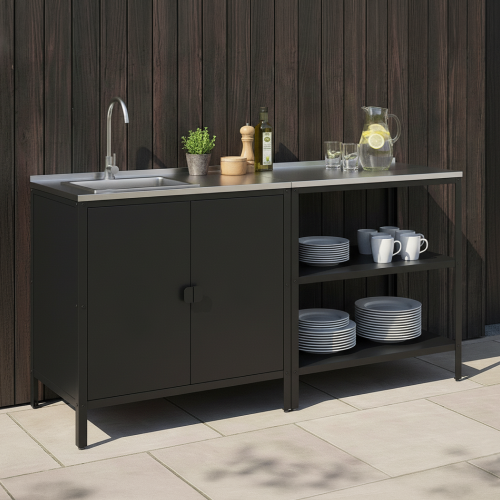 Záhradná kuchynská skrinka s drezom, oceľ, čierna, INES TYP 5