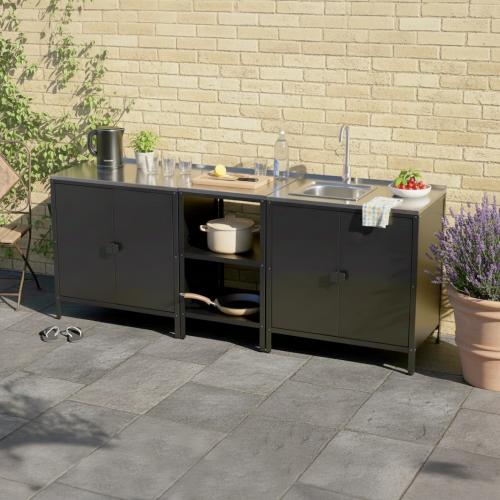 Záhradná kuchynská skrinka s drezom, oceľ, čierna, INES TYP 5