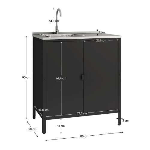 Záhradná kuchynská skrinka s drezom, oceľ, čierna, INES TYP 5