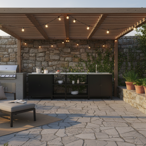 Záhradná kuchynská skrinka s drezom, oceľ, čierna, INES TYP 5