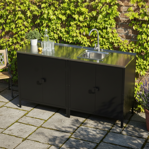 Záhradná kuchynská skrinka s drezom, oceľ, čierna, INES TYP 5