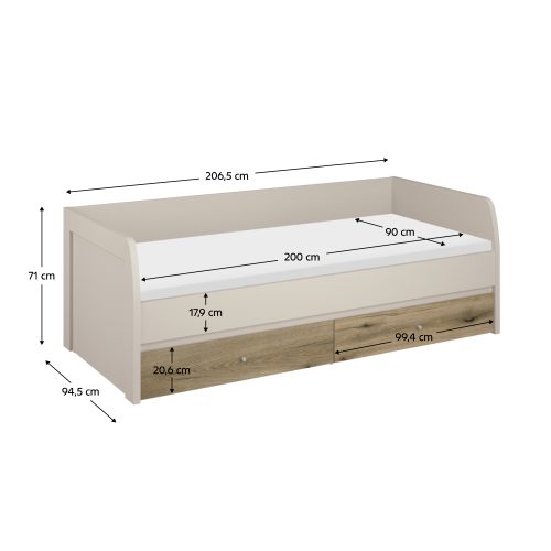 Posteľ, 90x200, kašmír/dub evoke, KAROS 2S
