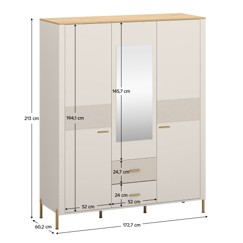 Skriňa so zrkadlom, kašmír/dub kamenný, RUNOL 3D2S