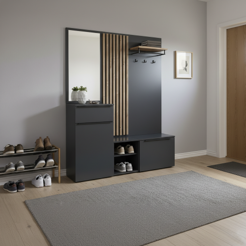 Predsieňová zostava, antracit extra vysoký lesk HG/dub artisan, ALIVA V2
