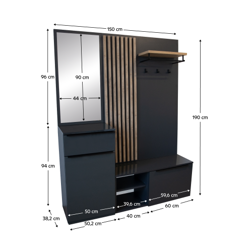 Predsieňová zostava, antracit extra vysoký lesk HG/dub artisan, ALIVA V2