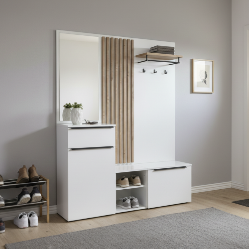 Predsieňová zostava, biela extra vysoký lesk HG/dub artisan, ALIVA V2