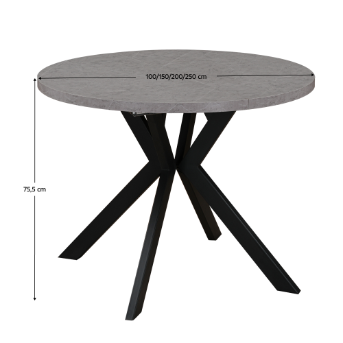Jedálenský rozkladací stôl, betón svetlý/čierna, 100-250x75,5 cm, LUKOS