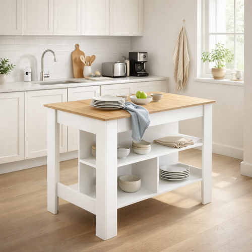 Kuchynský ostrovček, 103x70 cm, dub/biela, LUNAN