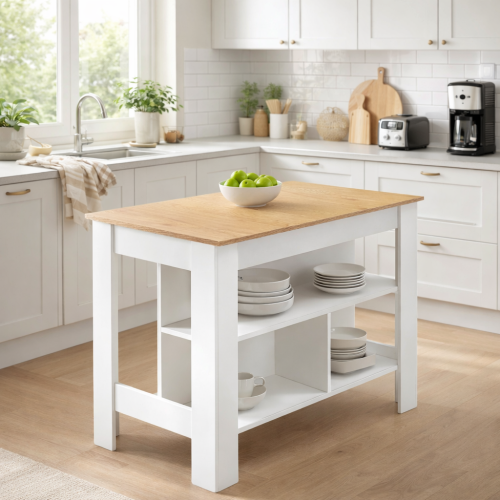 Kuchynský ostrovček, 103x70 cm, dub/biela, LUNAN