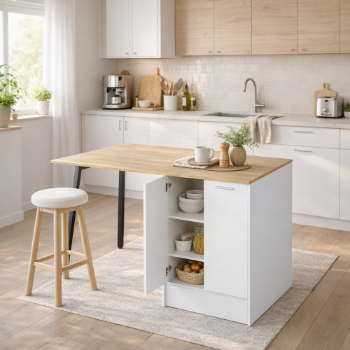 Kuchynský ostrovček, 150x90 cm, dub/biela/čierna, XILO