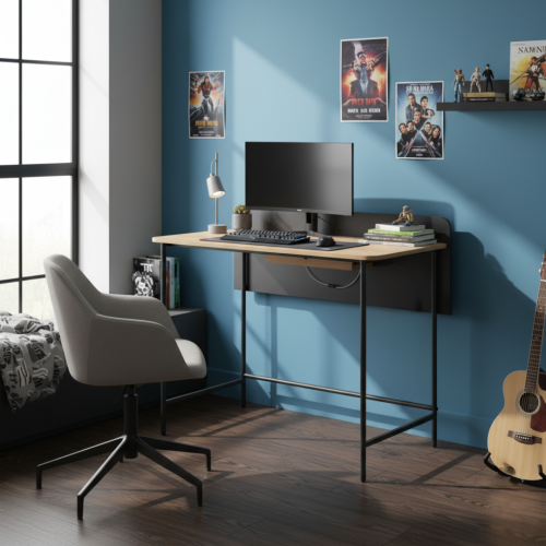 PC stôl, dub/čierna, KOMPUS