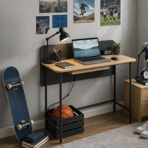 PC stôl, dub/čierna, KOMPUS