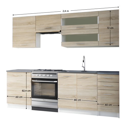 Kuchynská linka 2,4 m, dub sonoma / biela, FABIANA