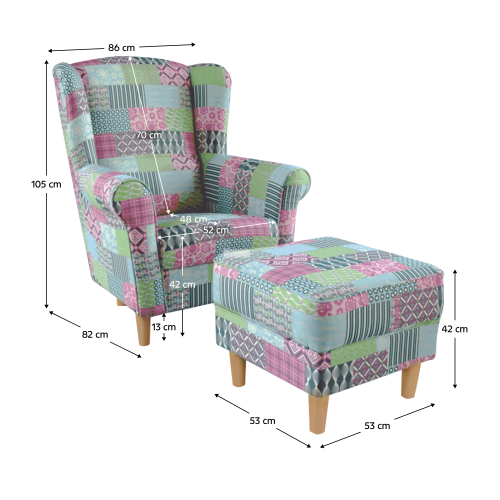 Kreslo ušiak s taburetom, látka patchwork M1, ASTRID Kreslo ušiak s taburetom, látka patchwork M1, ASTRID
