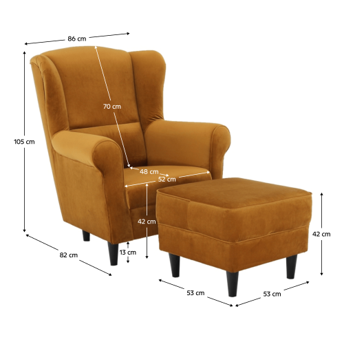 Kreslo ušiak s taburetom, látka horčicová, ASTRID