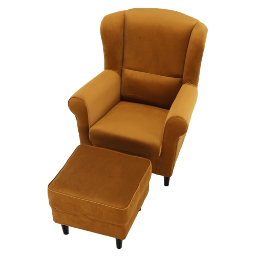 Kreslo ušiak s taburetom, látka horčicová, ASTRID