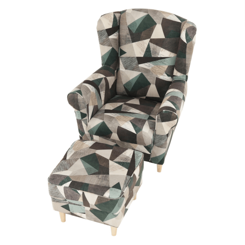 Kreslo ušiak s taburetom, látka hnedo-zelená vzor, ASTRID