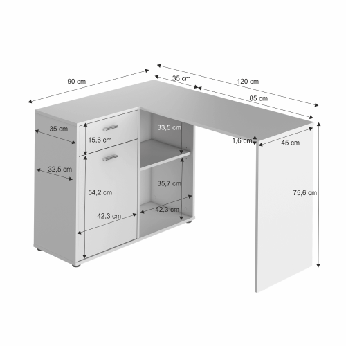 Rohový PC stôl, biela, KALIMERO