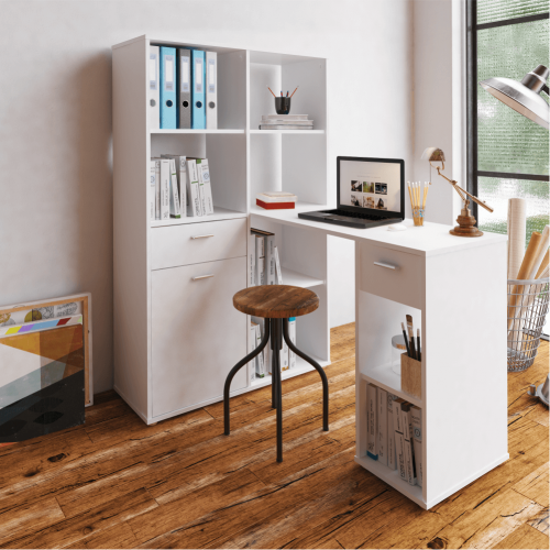 Rohový PC stôl s regálom, biela, MINESON