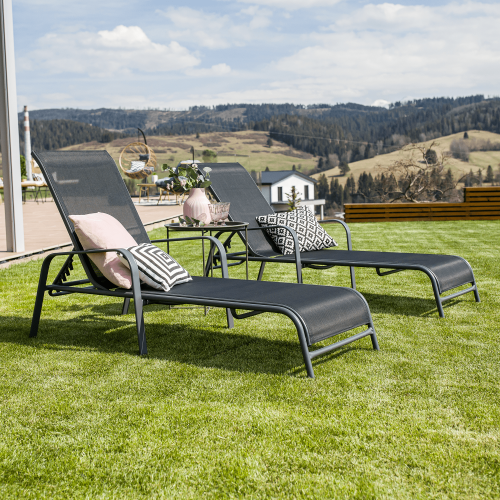 Stohovateľné polohovacie záhradné lehátko, čierna/sivá, ATREO