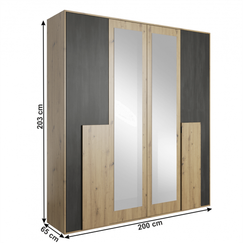 Skriňa so zrkadlom 4D, dub artisan/čierna borovica nórska, BAFRA