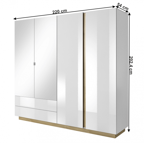 Skriňa so zrkadlom, biela/dub grandson/biely lesk, CITY