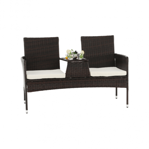 Záhradná lavica so stolíkom a poduškami, hnedá/krémová, LALIT