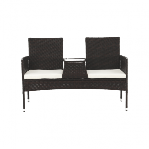 Záhradná lavica so stolíkom a poduškami, hnedá/krémová, LALIT